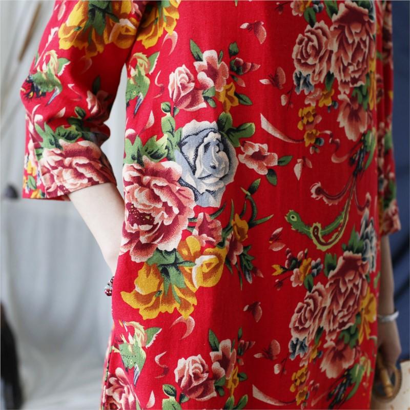 Johnature Femei Vintage Stand Rochii Seven Maneci Print Floral Summer A-Line Style Chinese Style