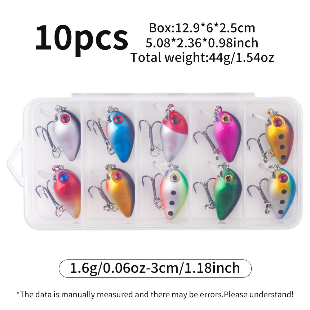 10pcs/box 30mm/1.6g Crank Fishing Lure Artificial Bait with Treble Hooks Plastic Box for Bass Fresh Water and Salt Water Fishing