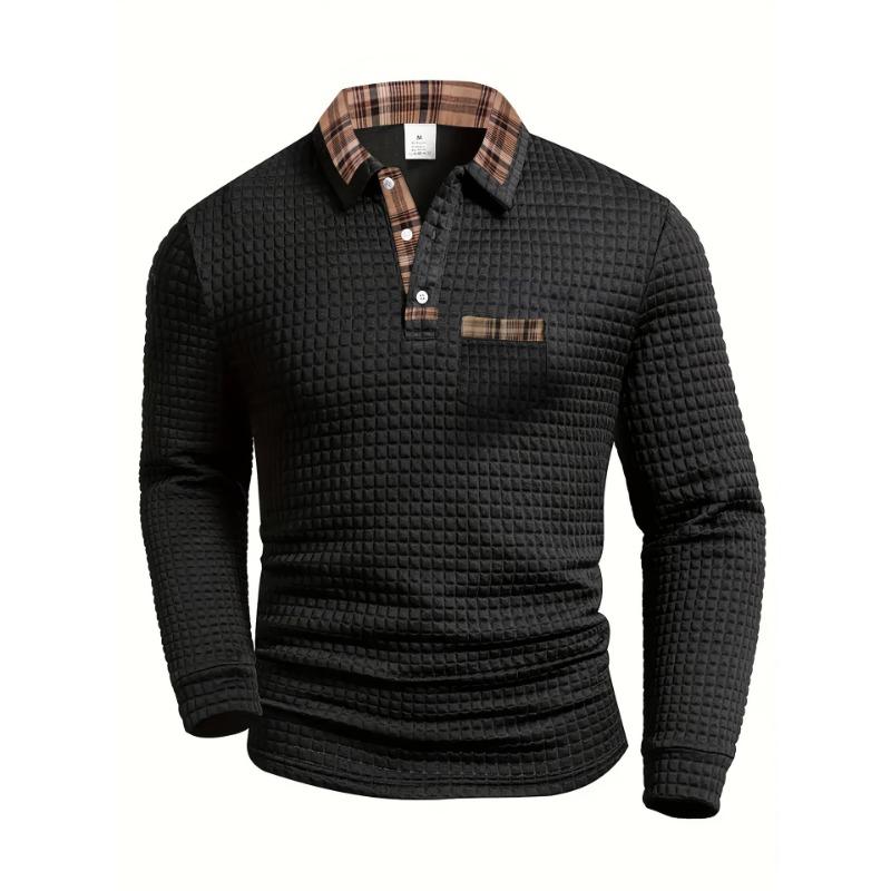 

Men s Textured Waffle Knit Polo Shirt Contrast Plaid Collar Pocket Long Sleeve S чорний