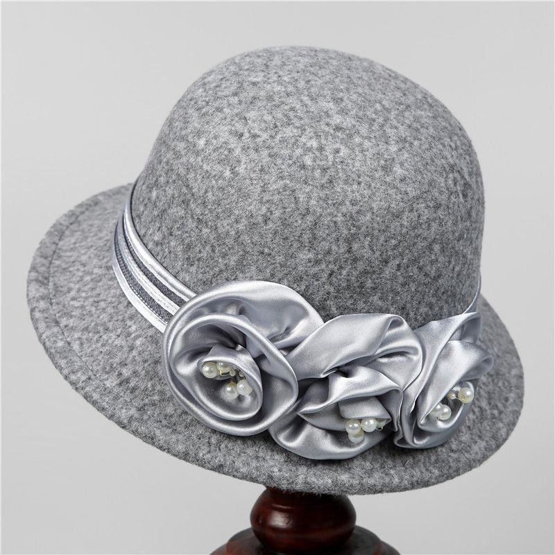 

Пожилая шляпа Женская зимняя теплая шляпа-ведро Мама Осень и Зима Универсальная шляпа-котелок с цветком Британская мода Шерстяная шляпа-котелок one size серый
