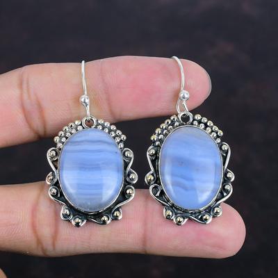 Boucles d'oreilles Agate Dentelle Bleue Boucles d'oreilles Pierre Précieuse Naturelle Boucles d'oreilles Argent Sterling 925 Bijoux Faits Main Boucles d'oreilles Pendantes Cadeaux de Mariage Boucles d'oreilles Incroyables