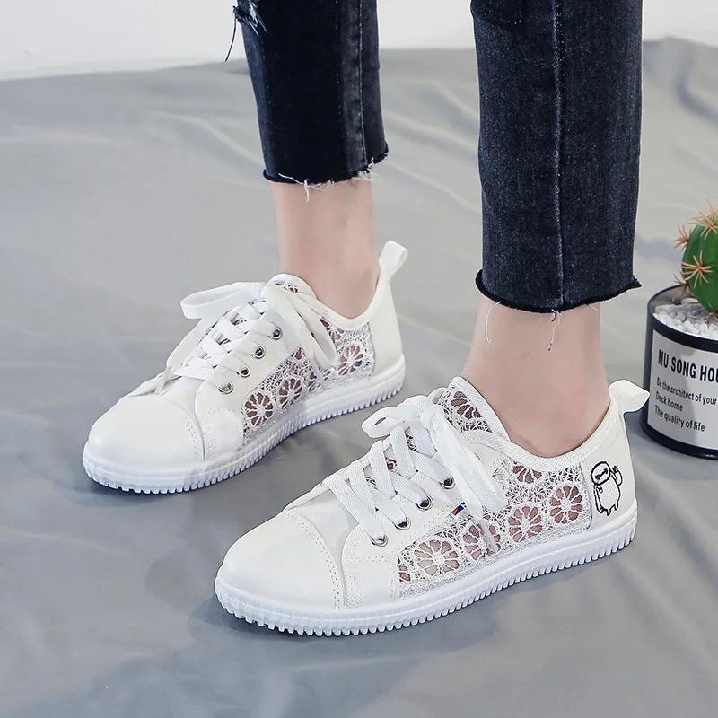 Fashion Chaussures Plates Blanches En Dentelle Respirante Pour Femmes, Baskets D'été Pour Étudiants, Chaussures En Toile En Maille