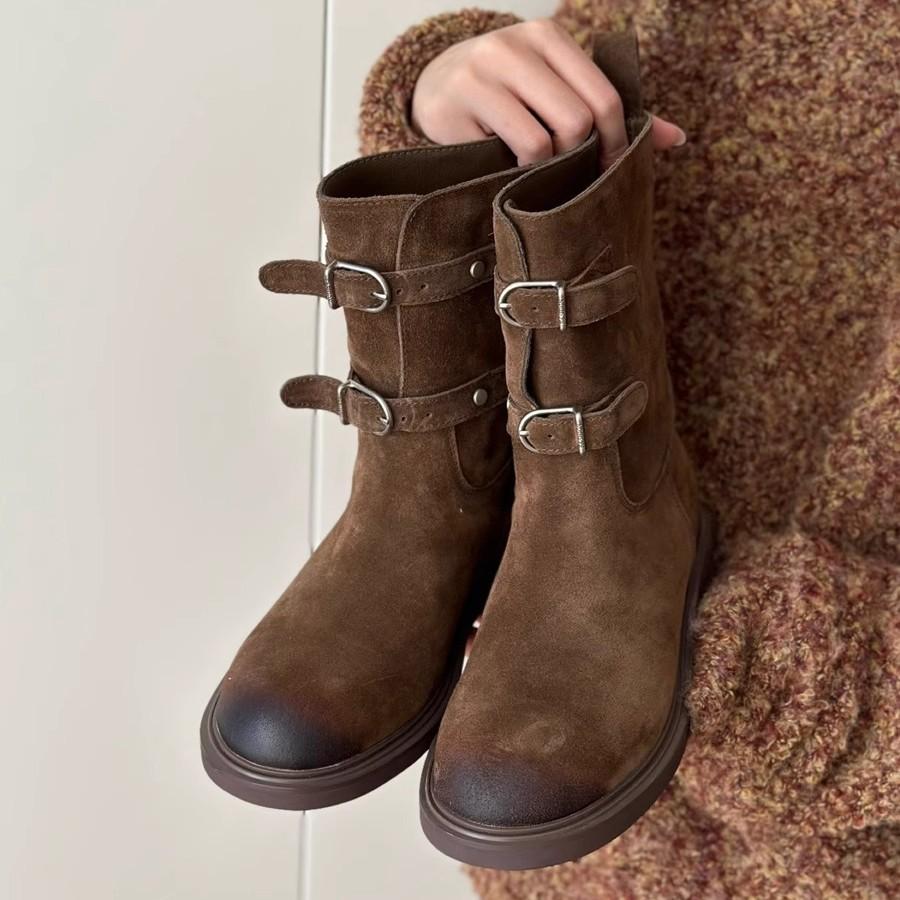 High quality~ retro polished belt buckle western cowboy boots slim short boots women's Maillard Martin boots locomotive boots