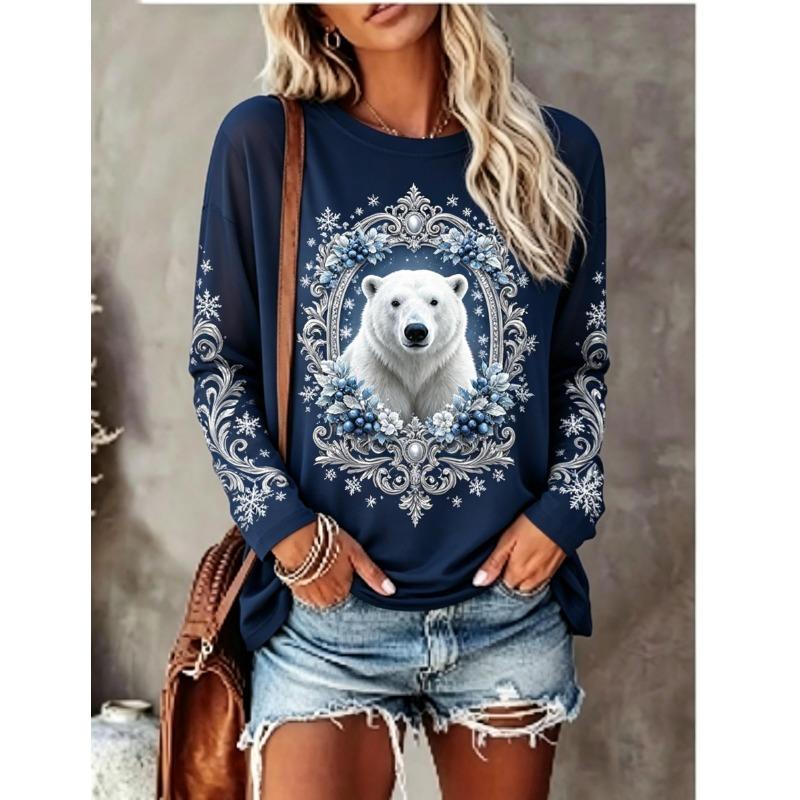 Women Long Sleeve T Shirt Christmas Teddy Bear Wreath Snowflake Vintage Frame Print Crew Neck Casual Tops
