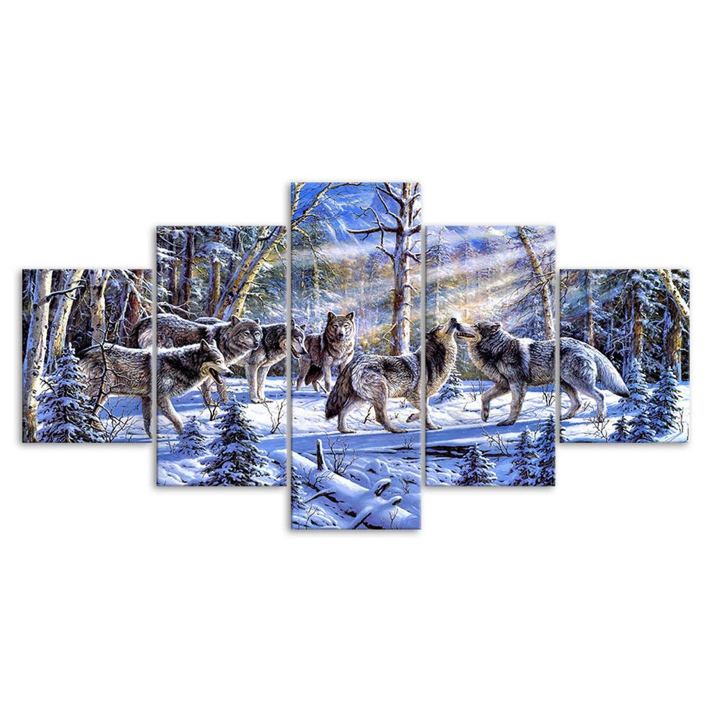 Wolf Pack Winter Forest Scenery Painting 5 Piece Five Panel Wall Canvas Print Modern Poster Pictures Home Decor Gift For Him For Her