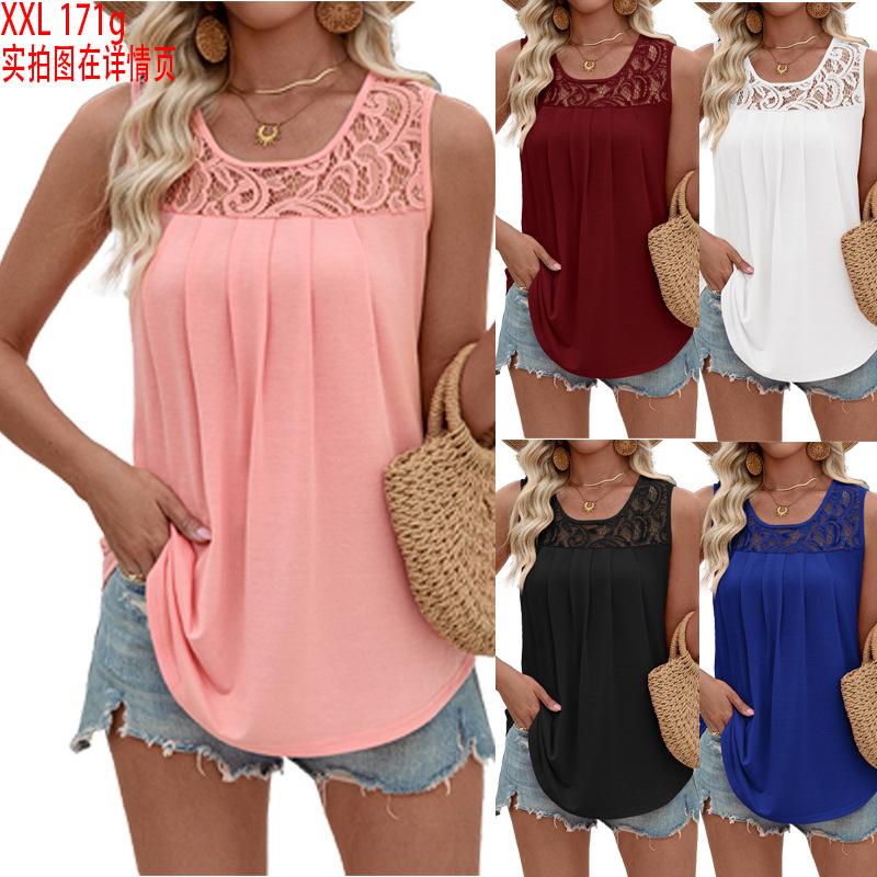 Damen Spitze Hals Falten Ärmellos Tanktop Lässig Rayon Mischung Rundhals Bluse