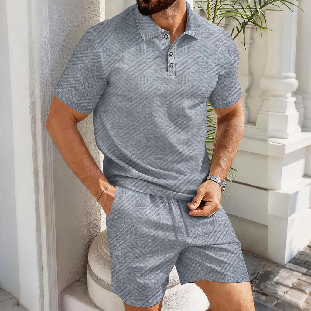Men's Stylish Casual Collarless Short-sleeved Shirt - Men's Short-sleeved Top And Shorts Two-piece Set