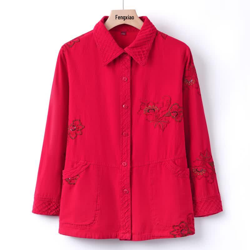 YUZHAOLIN Elderly Women's Embroidered Pure Cotton Cardigan Shirt