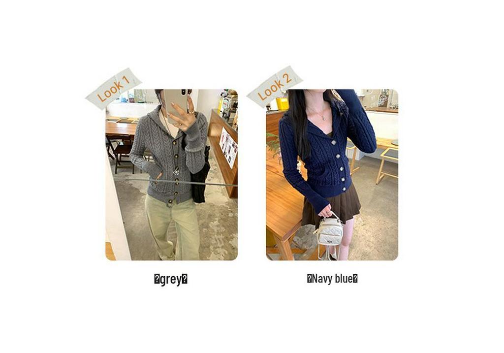 Navy Blue Fluffy Hooded Cable Knit Cardigan for Women – 2026 Autumn Collection