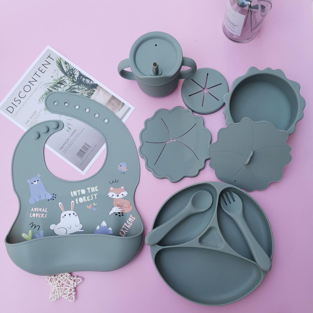 Silicone Baby Tableware Set: Non-slip Bowl, Bib, Plate, Fork & Spoon - Food Grade Material