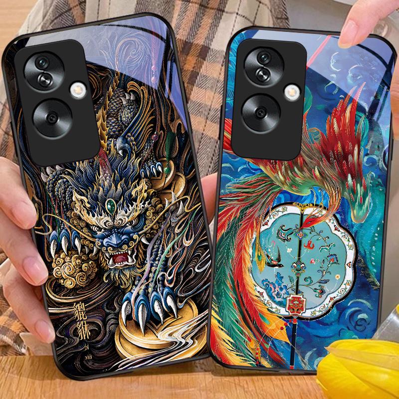 Goldener Phönix Für Oppo A79 5G 58 78 74 60 4G Reno 11F Realme GT 6 11 Note 50 10 C55 X2 Gehärtetes Glas Schwarz Handyhülle