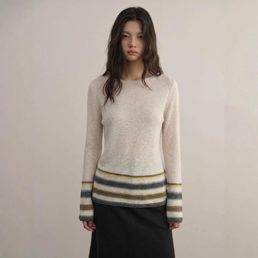 Tencel Wool Cashmere One-Shoulder Striped Sweater for Women