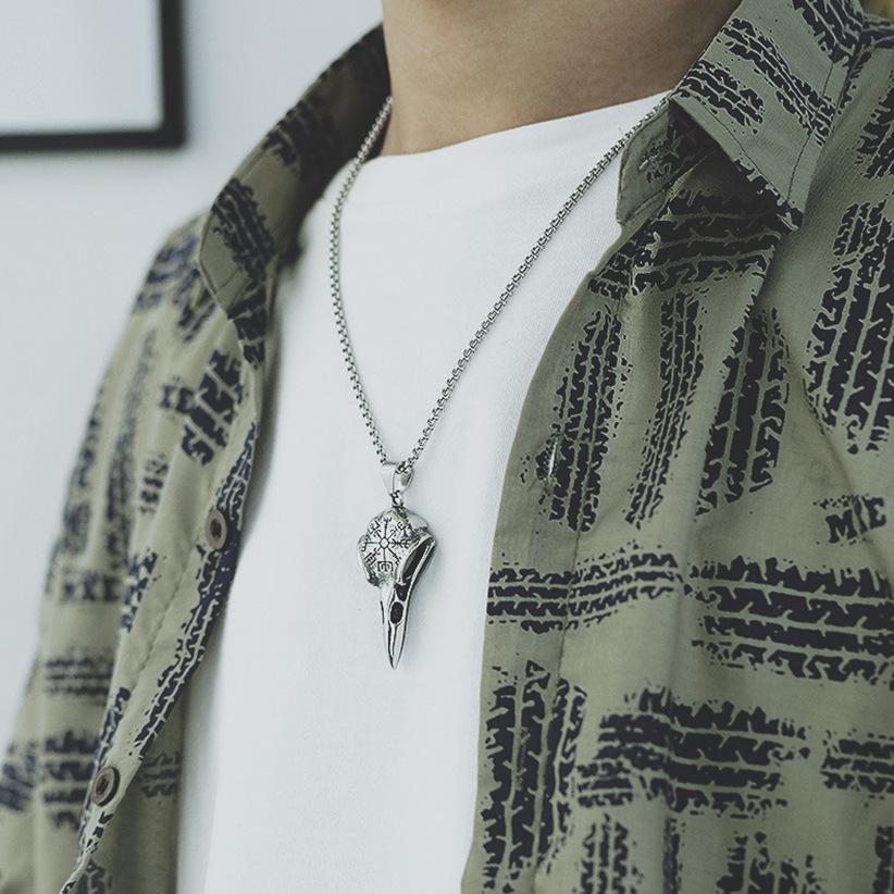 Nordic Raven Skull Viking Stainless Steel Necklace with Punk Style Eagle Beak Pendant for Men.