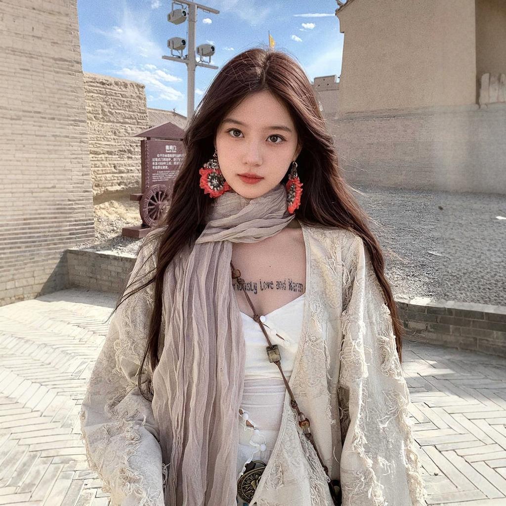 Beige Retro Literary Scarf Women's Spring and Autumn Travel Shawl Wasteland Style Vintage Silk Shawl Fashion Trend