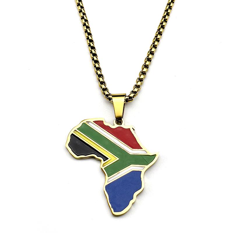 African South Africa Map Flag Pendant Necklace for Women Men Stainless Steel Colorful Enamel Gold Color Ethnic Chain Jewelry