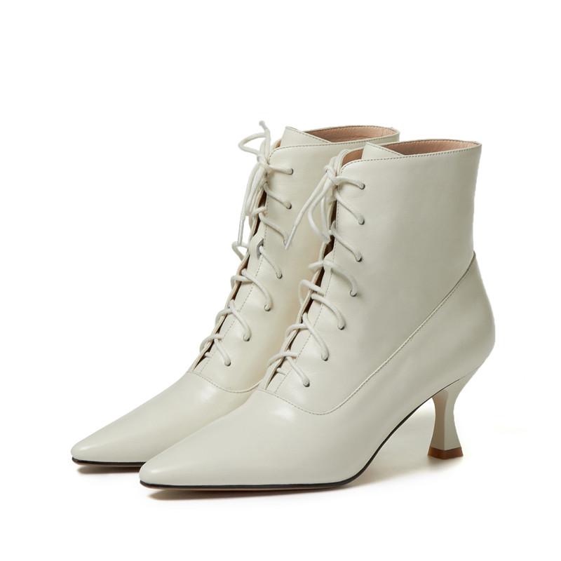 Fashion Hot Genuine Leather Women Boots Fashion Lace-up Ankle Boots Pointed Toe Thin Heels Modern Boots Handmade Women Shoes Cross-tied