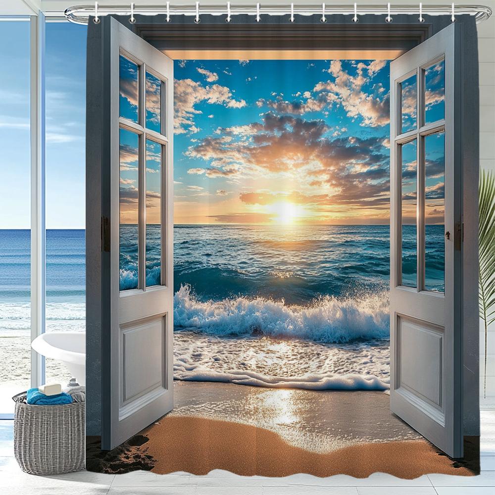 Seaside Beach Scenery Outside The Window Shower Curtain, Bathroom Decorative Curtain With Hooks,Home Decoration Curtain