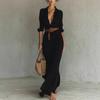 Robe chemise d'été pour femme à manches longues, col en V, boutonnée, ceinturée, longue, style bohème, froncée, tenues de vacances à la plage