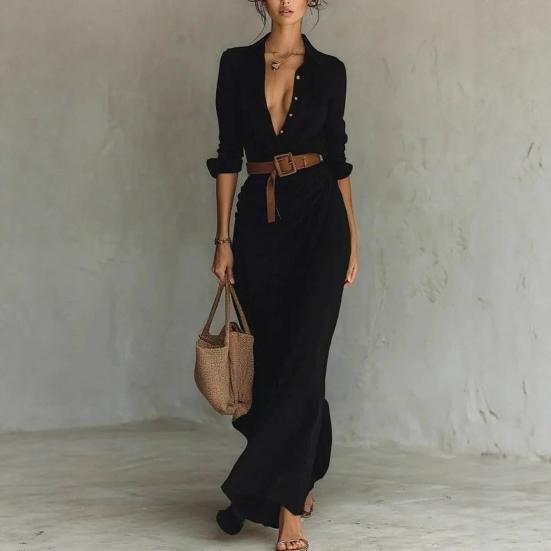 Robe chemise d'été pour femme à manches longues, col en V, boutonnée, ceinturée, longue, style bohème, froncée, tenues de vacances à la plage