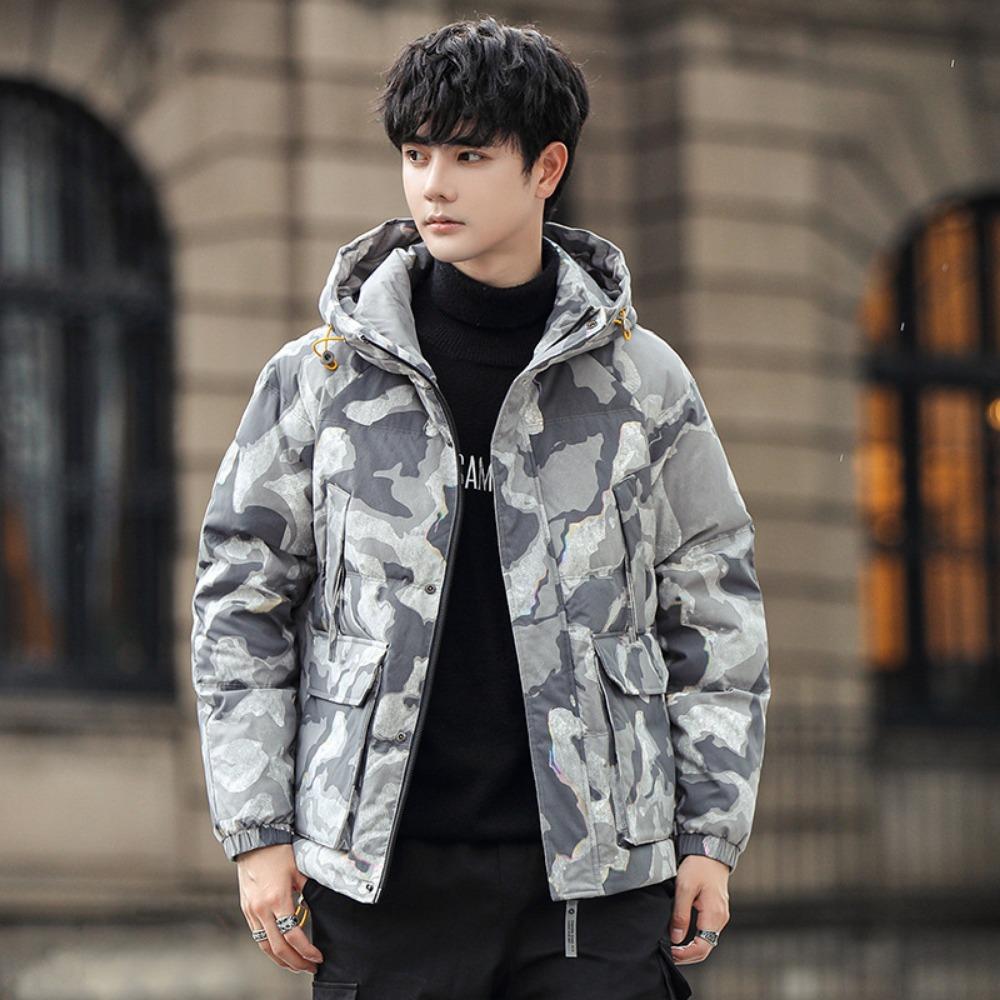 

White duck down men s down jacket winter Korean version fit hooded short camouflage down jacket M