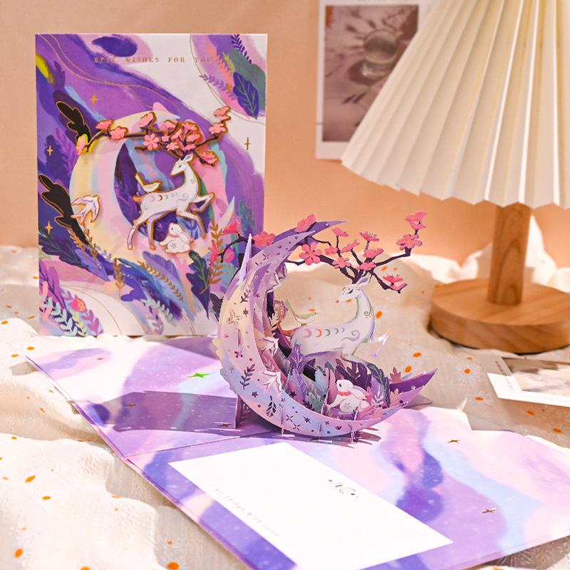 Moonlit Deer Resting 3D Greeting Card - Christmas, Birthday, & Special Occasion Ins Style Creative Card