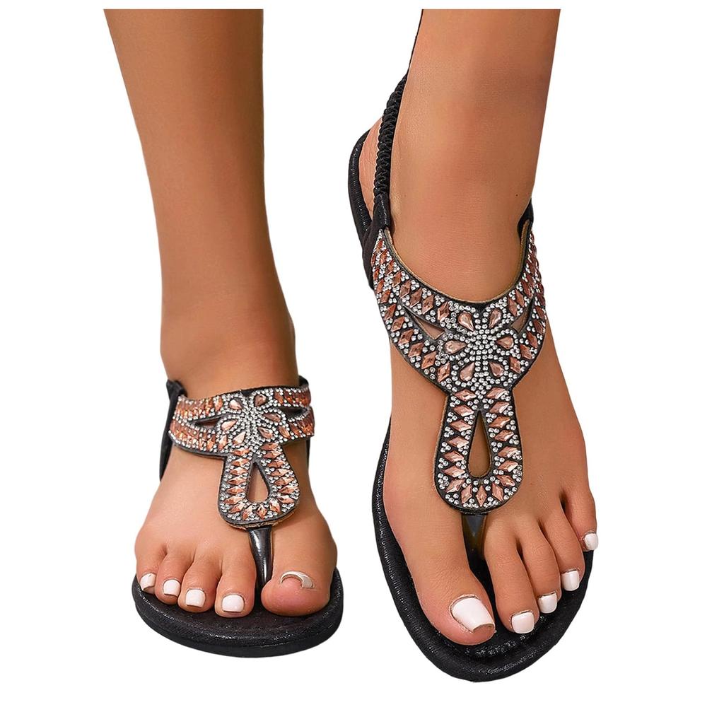 Damen Böhmische Zehenring-Sandalen mit flachem Absatz, Strassbesetzt, Elastischer Fersenriemen, Lässige Strandschuhe für den Außenbereich
