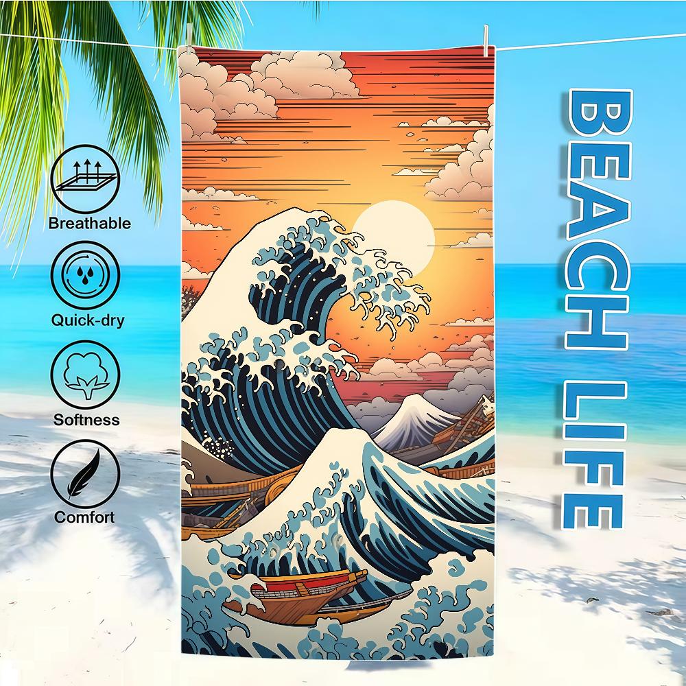 Towel Textile Bathrobe Beach Quick-Drying Lightweight Portable Great Camping Swim Pool Hokusai Wave Travel