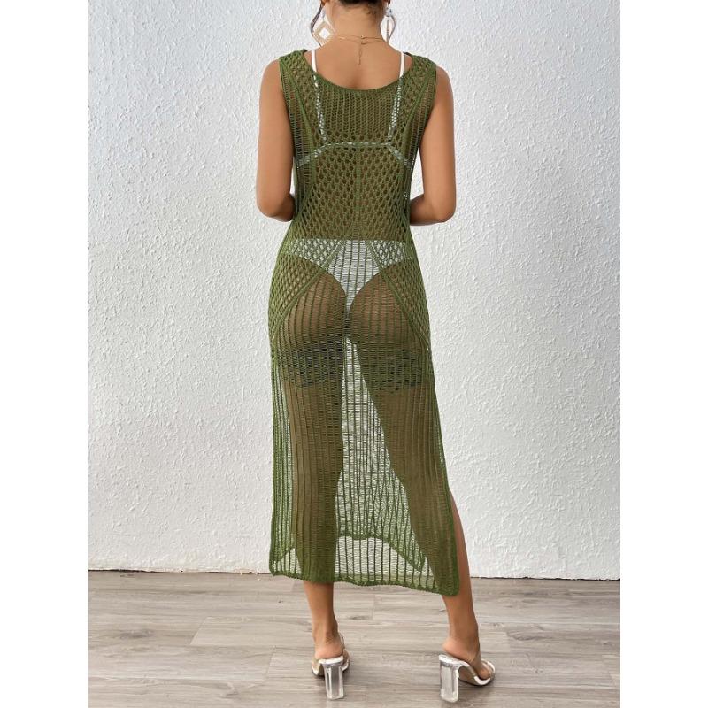 Women's Holiday Beach Hollowed Out Woven Sundress Long Sexy Slit Dress