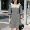 VONDA Women Square Collar 3/4 Sleeve Lace Hem Casual Plaid Mini Dress