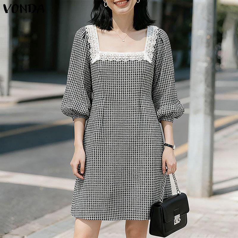 VONDA Women Square Collar 3/4 Sleeve Lace Hem Casual Plaid Mini Dress