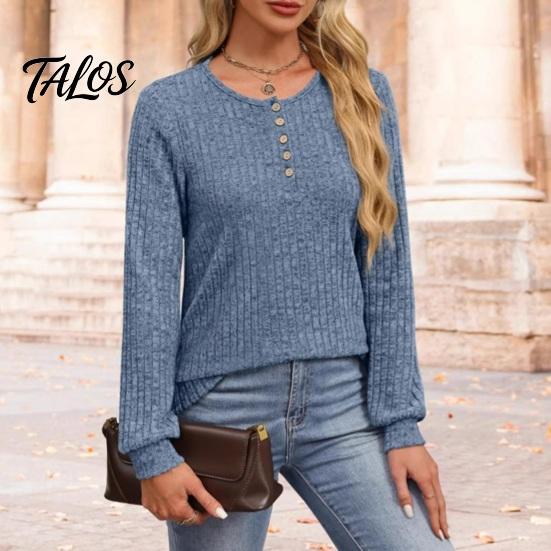 Damen Langarm Tops Geripptes Top, Lockere Freizeitbluse mit Knopf, Einfarbiger Pullover Rundhals-T-Shirt für Frühling Herbst Knopf