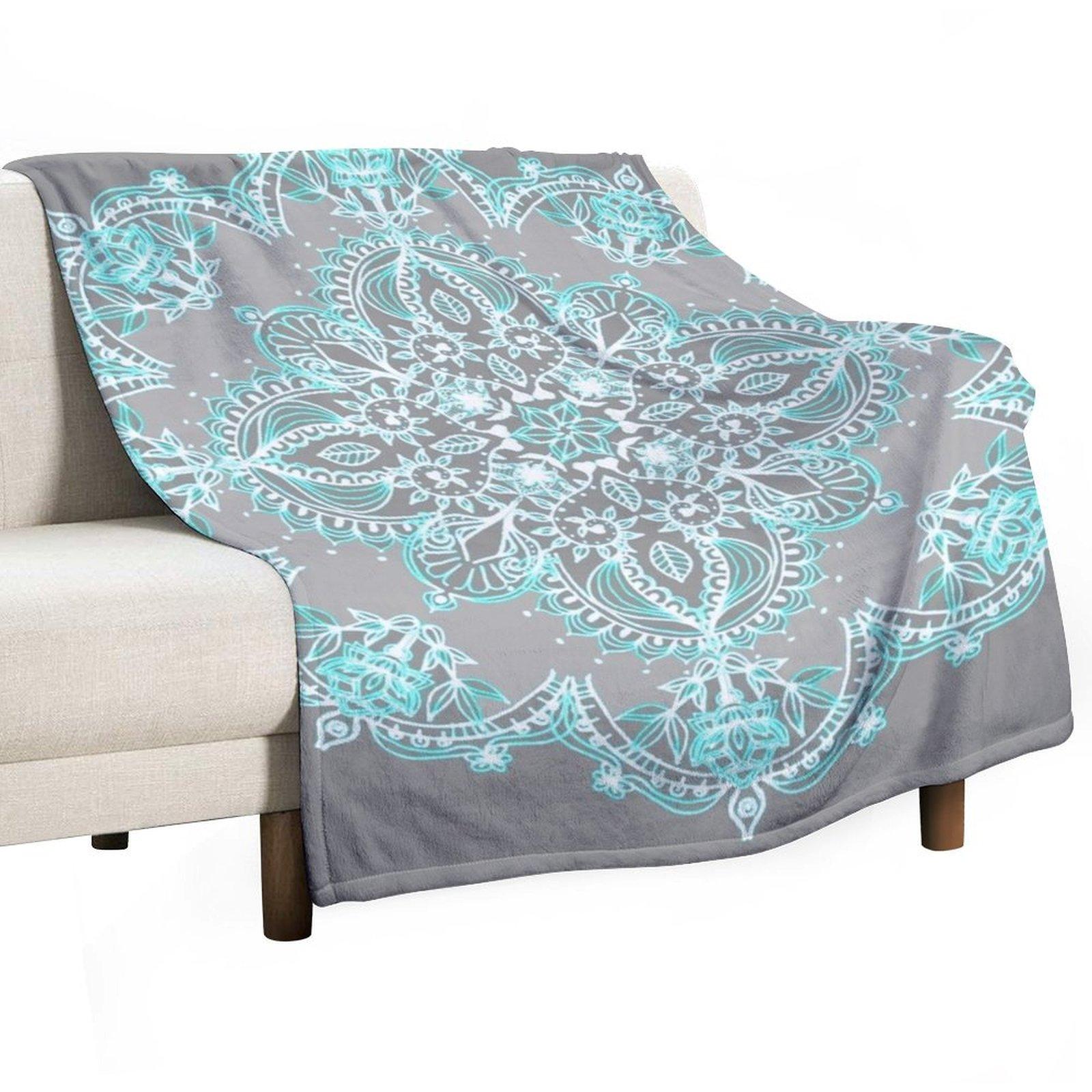 

Teal and Aqua Lace Mandala on Grey Throw Blanket Loose Sleeping Bag Vintage Sofa Quilt Blankets 30x40in