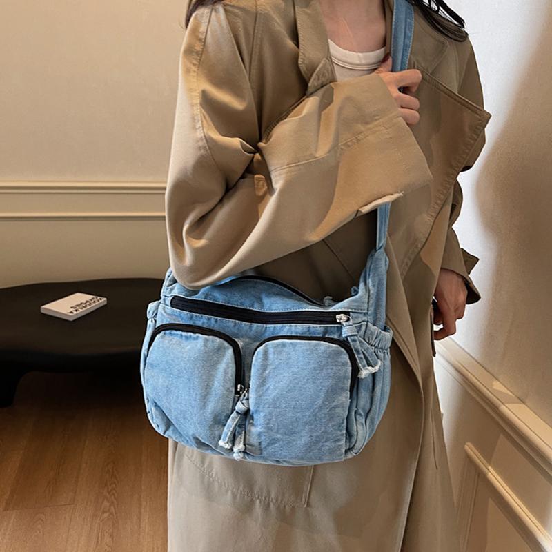 Vintage Denim Shoulder Bag Women's Large Capacity Messenger Bag Multi-pockets Satchel Bags Adjustable Strap Ladies Crossbody Bag