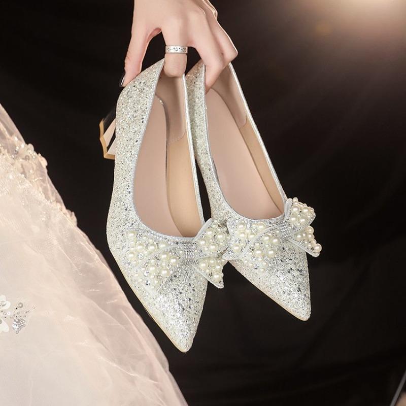 High Heels,Thick Heels, Wedding Shoes, Women's Bow, Bridal Shoes, Xiuhe Wedding Dress, Two Pairs of Crystal French Women's Shoes