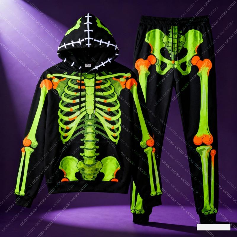 Felpe con Cappuccio da Uomo Stampa Scheletro 3D Set da 2 Pezzi Felpa con Cappuccio e Pantaloni Tuta Autunno/Inverno Halloween Casual Outdoor Set da Jogging