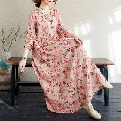 Robe de voyage style vacances col rond vintage longue couvrante couleur chair