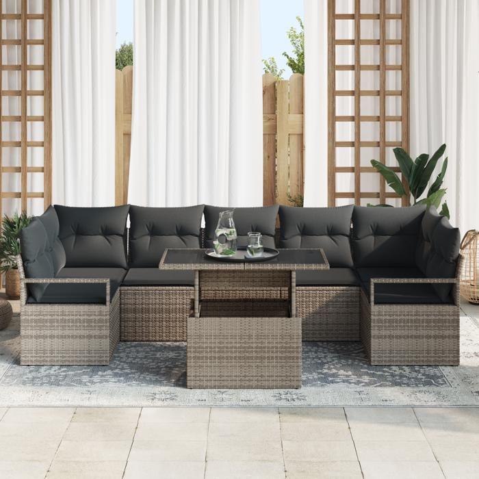 Canapé de Jardin 8 Pièces avec Coussins Gris Rotin Synthétique, Canapé de Jardin 2 Places avec Rangement et Coussins Gris 3357512