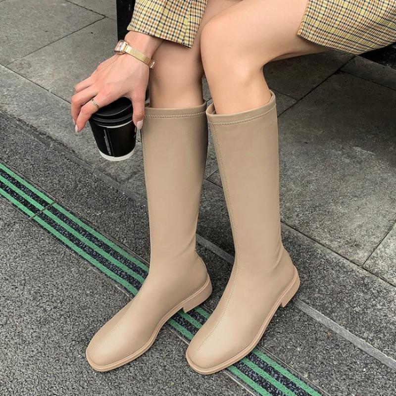 plus Size Women's Boots Elastic Stretchy Long Tube Boots Korean Sle Flat Heel round Toe PU Leather Youth Size 4-43