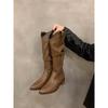Thick Heel Vintage Brown V-Mouth Pile Medium Boots Women's Shoes 2025 Summer Pointed Western Cowboy Boots
