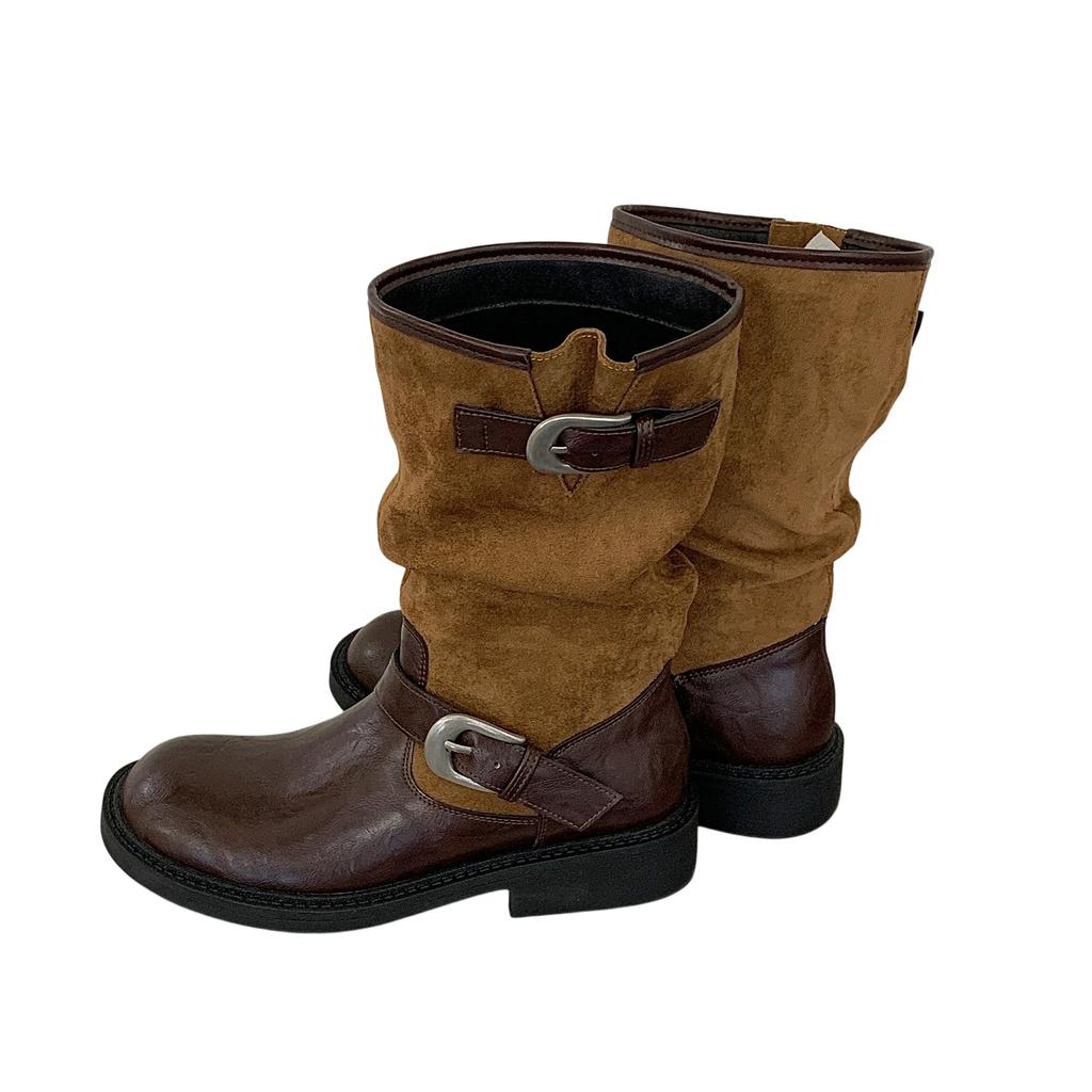 Retro color matching boots women's autumn and winter thick heel thick-soled knight boots belt buckle medium tube stack boots