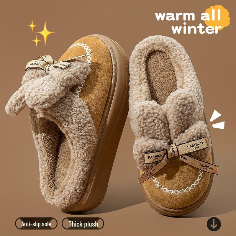 Damen Plüsch Schleifen Baumwollpantoffeln - Dicke Sohle, Warm, Kältefest, Neu für 2025, Perfekt für den Herbst-/Winter-Innenbereich.
