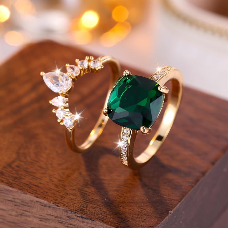 Luxury Square Green Zircon Ring Set for Women Gold Color Party Rings Engagement Wedding Jewelry