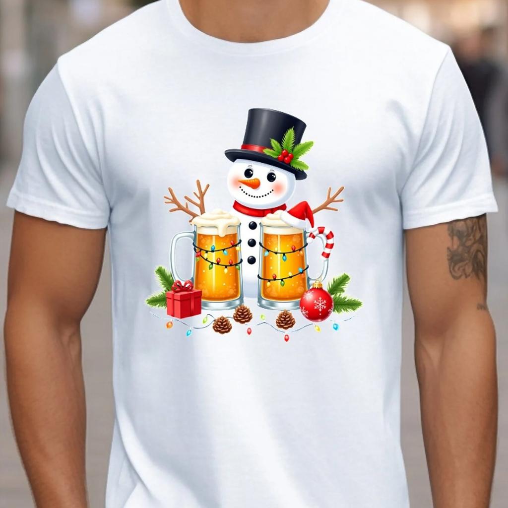 New Year Party Beer Print Mens TShirts Christmas Snowman Pattern Short Sleeve Tops Men Xmas Clothing Fashion Loose Tshirt