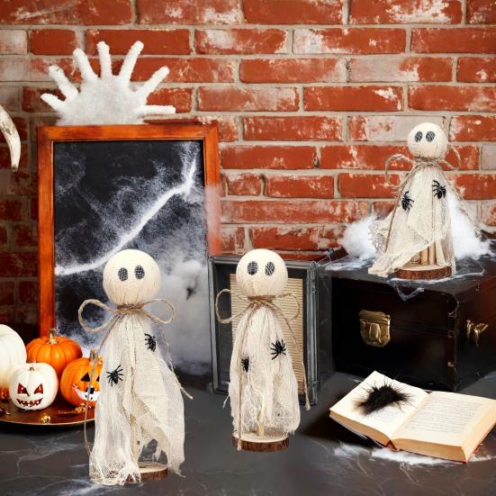 3Pcs Rustic Halloween Ghost Decor Handcrafted Wooden And Fabric Ghost Figurines 3 Sizes Farmhouse Style Shelf Decorations Party Supplies