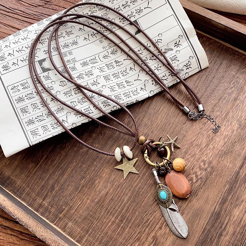 Zen-Inspired Long Feather Necklace - Women's Ethnic Layered Chain with Retro Style