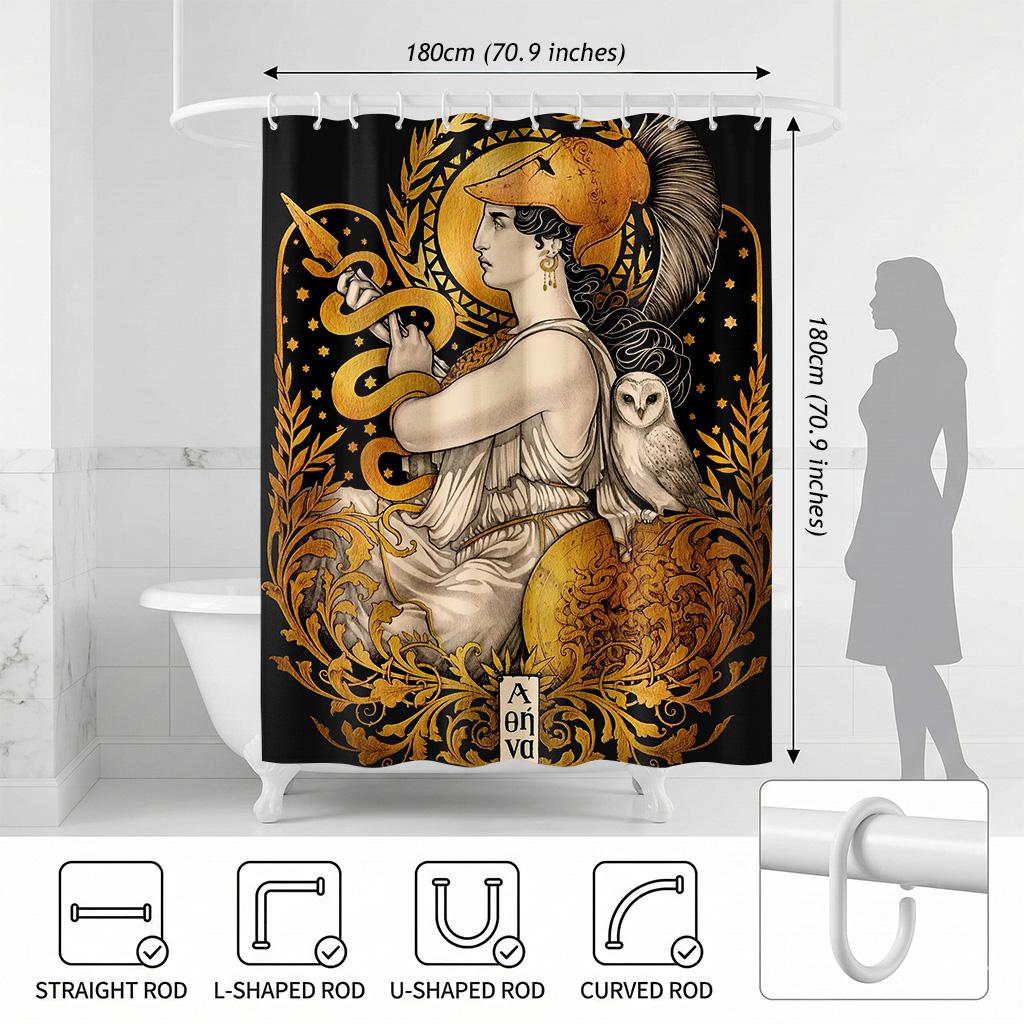 Greek Mythology Goddess Athena Shower Curtain, Gold Owl & Snake Art Deco, Ancient Warrior Queen Aesthetic Bathroom Decor