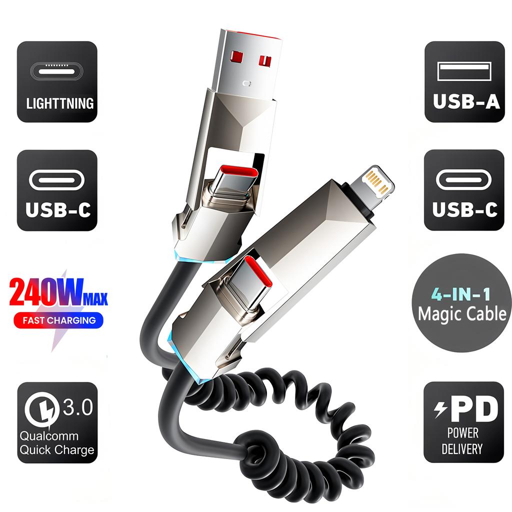 240W 4 IN 1 USB Type C Data Cable Car USB Spring PD Fast Charging Cable for iPhone 15 Samsung Xiaomi 14 Huawei Honor Data Wires