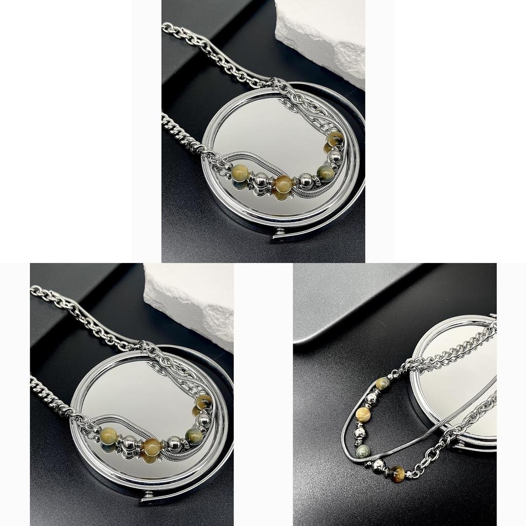 Geometric Stainless Steel Necklace With Natural Stone Beads For Unisex Fashion