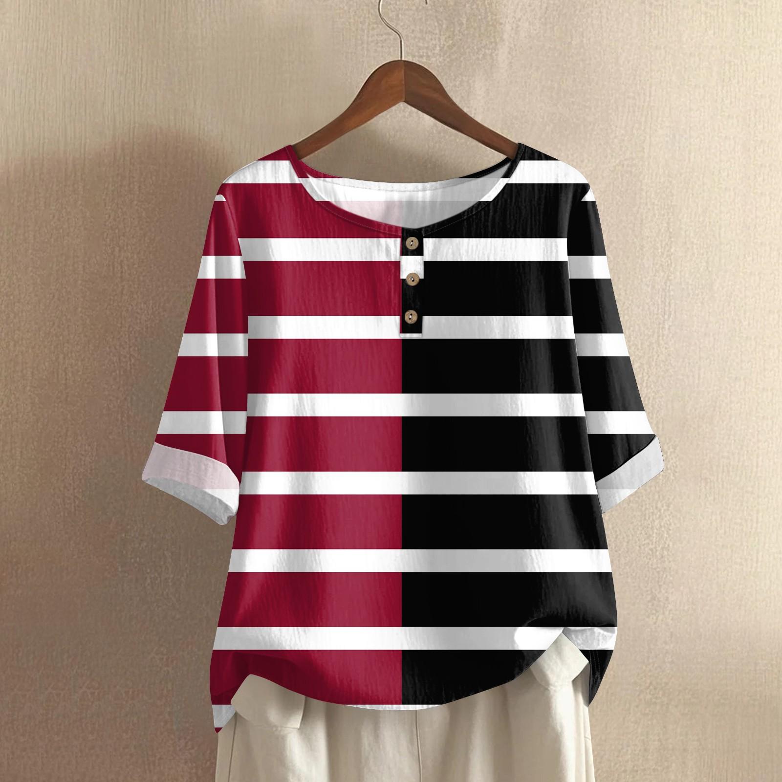 

Женская модная и повседневная рубашка с полурукавом, круглым вырезом, принтом, из хлопка и льна, блузка-топ XL винный