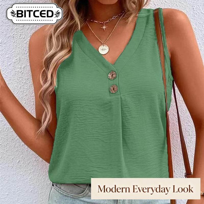 QICED Women's Fashion Casual Solid Color Print Sleeveless V-Neck Blouses & Shirts